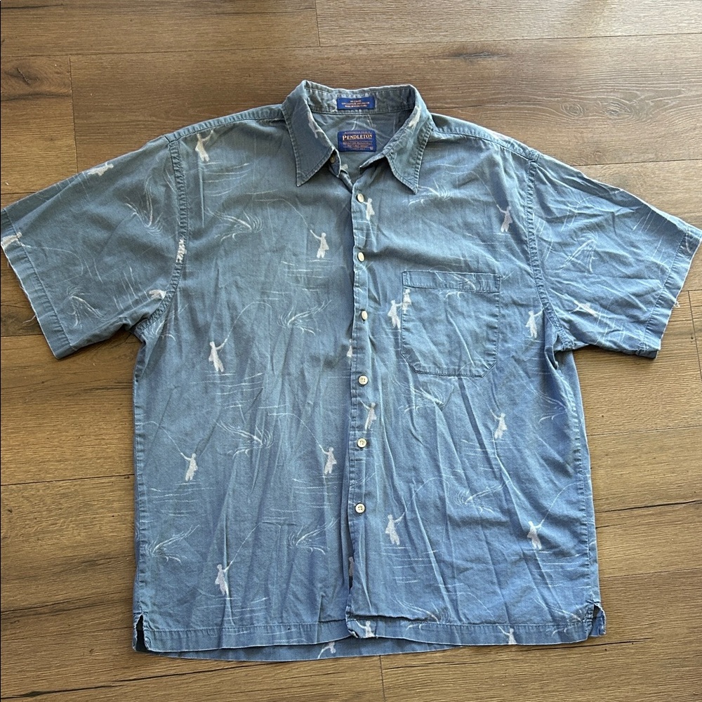 Pendleton Men's Short-Sleeve Blue Printed Button-Up Shirt !! Large
